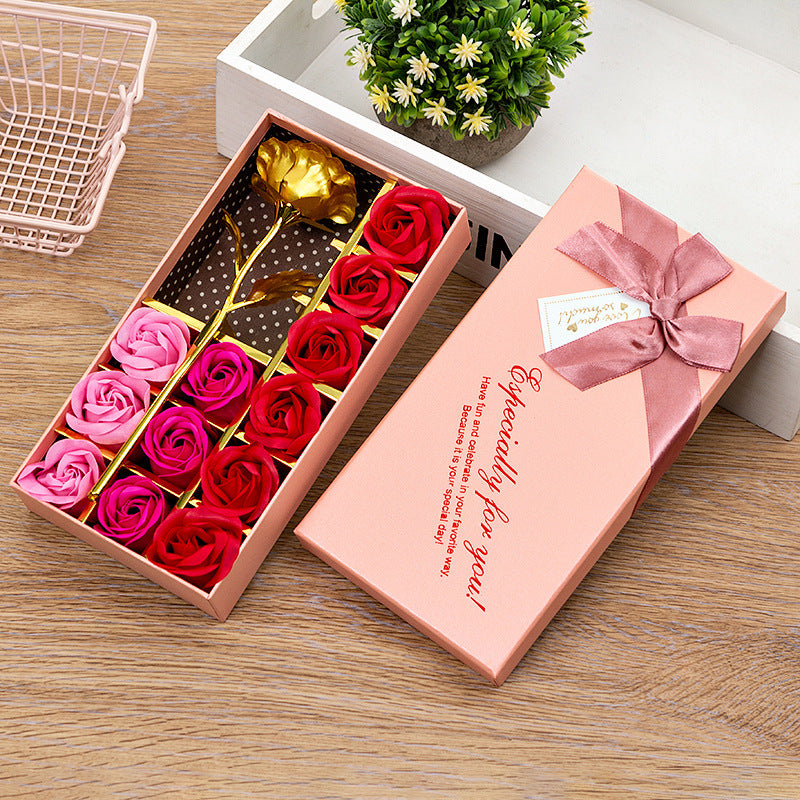 **Rose Soap Flower Gift Box – Elegant & Luxurious 🌹** 12 soap flowers and **gold leaf roses** in a beautifully designed **22.5 x 11.5 x 4 cm** gift box. Ideal for any special occasion. **1 x Gift Box**.