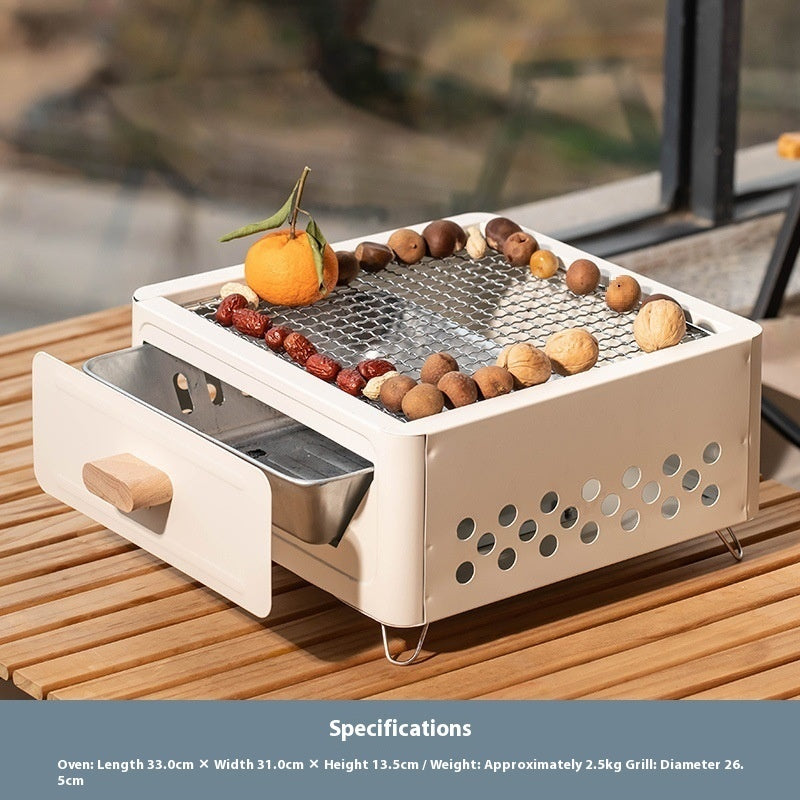 "Square Barbecue Oven-Grill – A white, alloy-constructed grill designed for 3-5 people, featuring a split-type structure, carbon fuel compatibility, and includes a charcoal plate and grill net. Perfect for outdoor gatherings and cookouts."