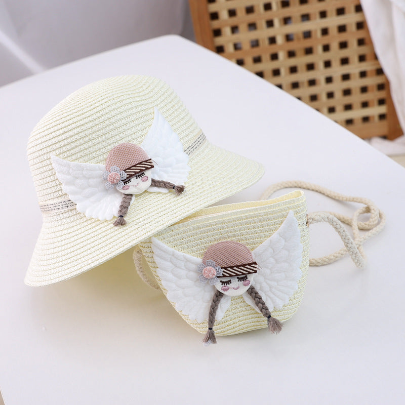 Adorable children's straw hat and matching bag set, featuring a wide-brimmed dome top hat with flat eaves and floral details. Made for ages 2-8, perfect for sunny outdoor adventures.