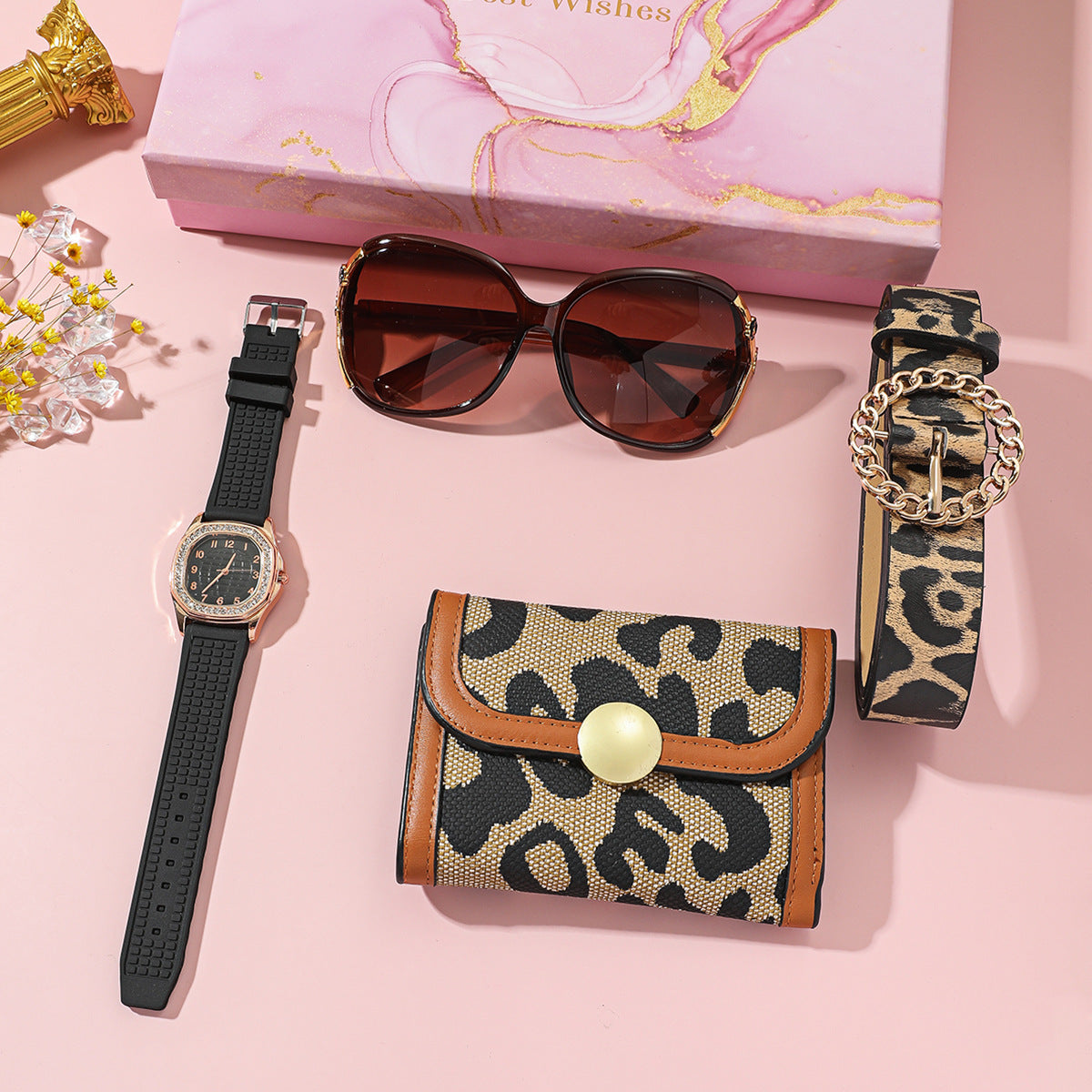 Women's elegant jewelry set including a quartz movement watch with a 35mm dial, leather belt, glasses, wallet, and packaging box, available in diamond, square, or round watch packages.