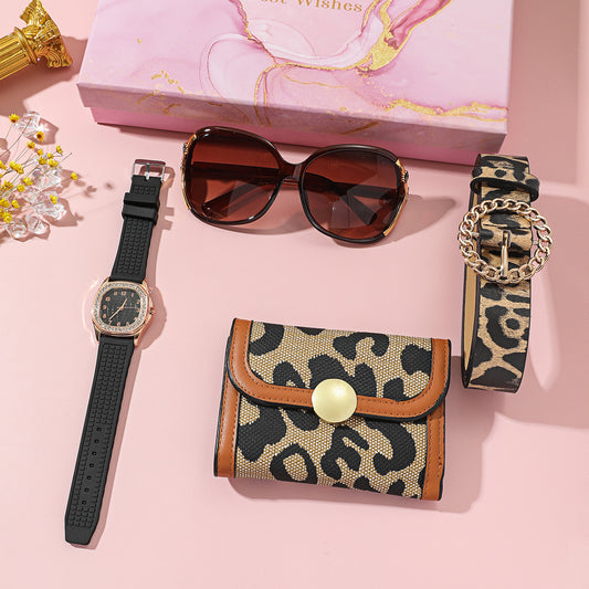 Women's elegant jewelry set including a quartz movement watch with a 35mm dial, leather belt, glasses, wallet, and packaging box, available in diamond, square, or round watch packages.