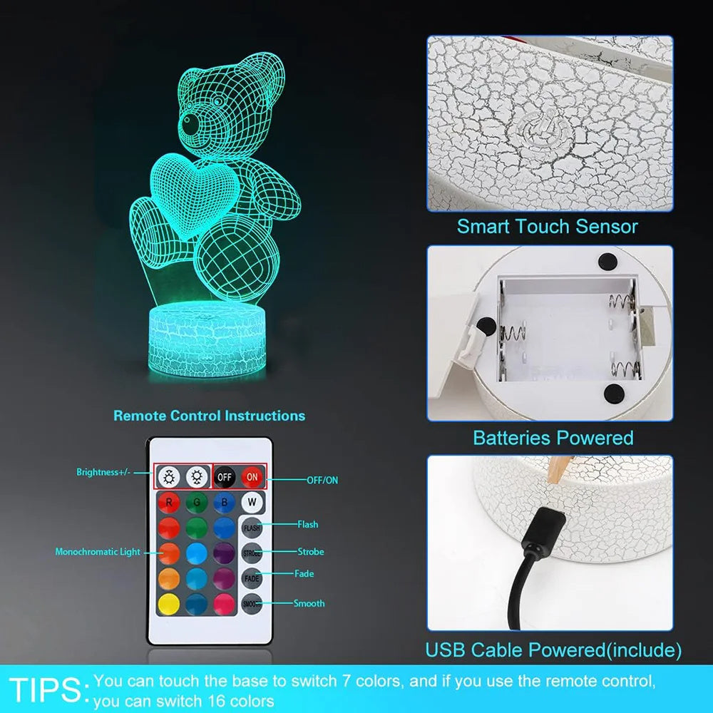 
3D Teddy Bear LED Night Light with 16 color options, touch and remote control, made from acrylic material. Powered by USB or batteries, perfect for kids' room decor.