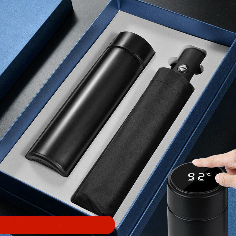 Business automatic umbrella with one-button open/close, lightweight at 380g, paired with a sleek 304 stainless steel mug available in three color options.