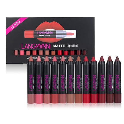 Matte velvet lipstick set with 12 shades (3.5g each), offering long-lasting color, moisturizing properties, and a smooth, healthy finish for lips.
