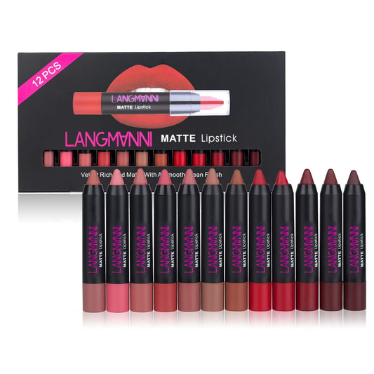 Matte velvet lipstick set with 12 shades (3.5g each), offering long-lasting color, moisturizing properties, and a smooth, healthy finish for lips.