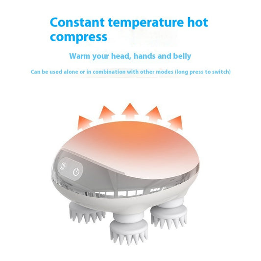 Octopus scalp massage instrument with 4 adjustable gears, USB-powered, available in three models: K113 (no base, no hot compress), K111 (with base and red hot compress), K112 (with base, microcurrent, and red hot compress). Comes with multilingual manuals in Chinese, English, and Japanese.