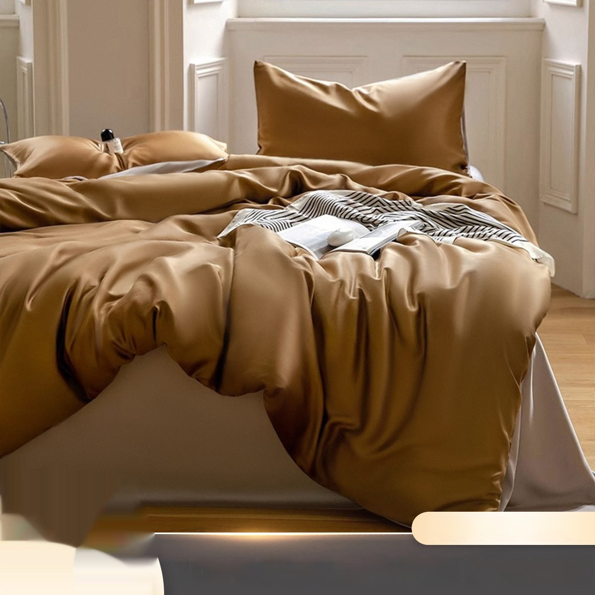 Luxuriously soft Four-Piece Ice Silk Bed Sheets made from breathable Lyocell fiber (Tencel). Features a modern minimalist design, reactive dyeing for long-lasting color, and a silky-smooth texture for year-round comfort. Available in multiple sizes.