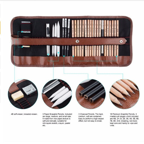A 29-piece professional sketch and drawing tool kit with graphite pencils, charcoal pencils, an erasable pen, and a craft knife, available in multiple styles for both beginners and professionals.