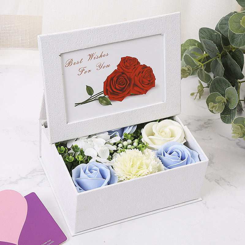 **Rose Flower Box – A handmade bouquet of soap roses in an elegant photo box, available in pink, red, blue, orange, and purple. Perfect for gifting on special occasions.**