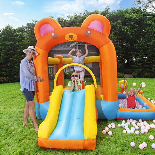 **Bear-Themed Bouncy Castle – Fun & Safe Playtime! 🐻🎈** A spacious inflatable bouncy castle (300x300x235cm) made from durable 420D+840D PVC fabric. Comes with a 350W blower, with options for 450W or 750W. Quick to set up, perfect for parties, backyards, and events. Includes 1 inflatable bed and 1 blower for endless fun! 🎉