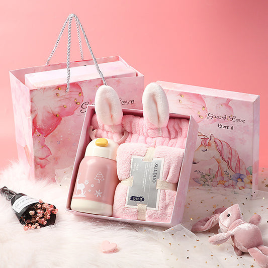 Birthday Cute Gift Set featuring coral fleece towels, matching hair bands, and optional glass cups, umbrellas, or eye masks in various stylish combinations.