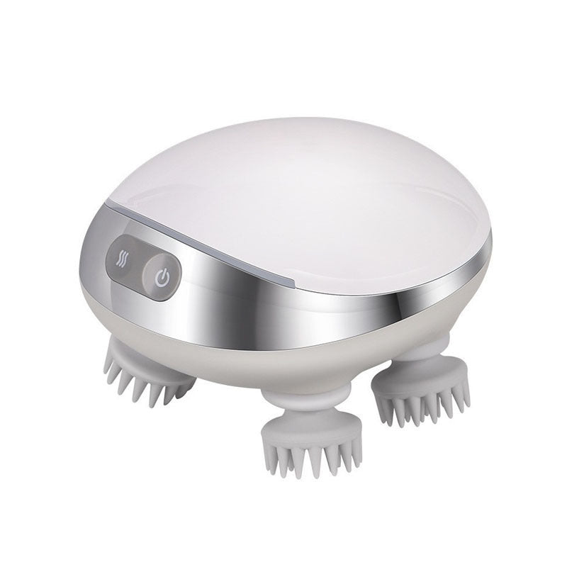 Octopus scalp massage instrument with 4 adjustable gears, USB-powered, available in three models: K113 (no base, no hot compress), K111 (with base and red hot compress), K112 (with base, microcurrent, and red hot compress). Comes with multilingual manuals in Chinese, English, and Japanese.