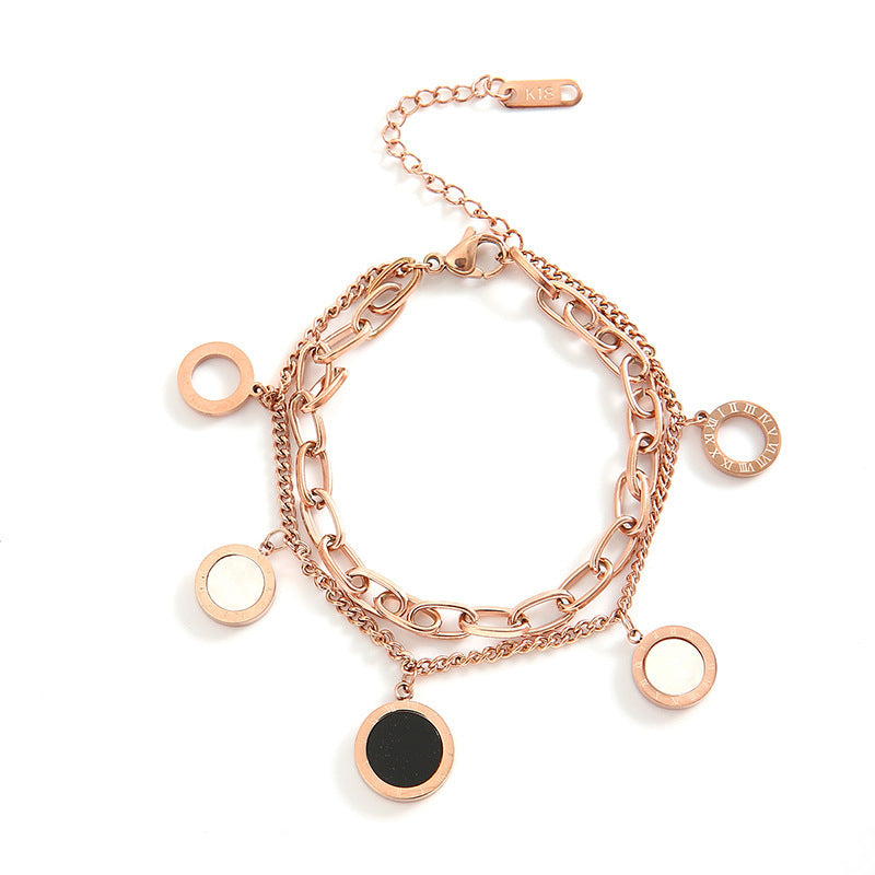 Golden Essence Roman numeral pendant bracelet, adding a touch of light luxury and timeless elegance to any outfit. #RomanNumeralBracelet #LightLuxury #GoldenEssence #TimelessElegance #FashionJewelry #LuxuryAccessories #PendantBracelet #ChicStyle