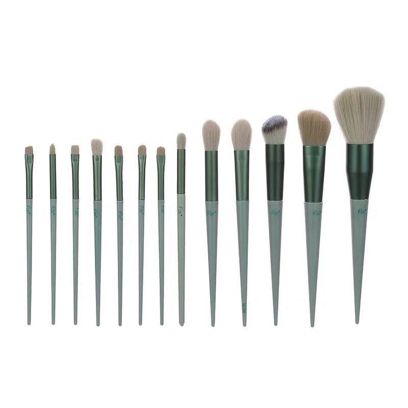 A 13-piece makeup brush set featuring soft synthetic bristles, durable plastic handles, and aluminum ferrules. The set includes brushes for foundation, powder, blush, highlighter, eyeshadow, lip, eyebrow, concealer, and blending. Available in various packaging options such as cloth bags and boxes in green, pink, and yellow. Ideal for professional and personal use, providing precise application and easy cleaning.