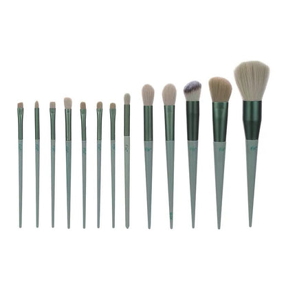 A 13-piece makeup brush set featuring soft synthetic bristles, durable plastic handles, and aluminum ferrules. The set includes brushes for foundation, powder, blush, highlighter, eyeshadow, lip, eyebrow, concealer, and blending. Available in various packaging options such as cloth bags and boxes in green, pink, and yellow. Ideal for professional and personal use, providing precise application and easy cleaning.