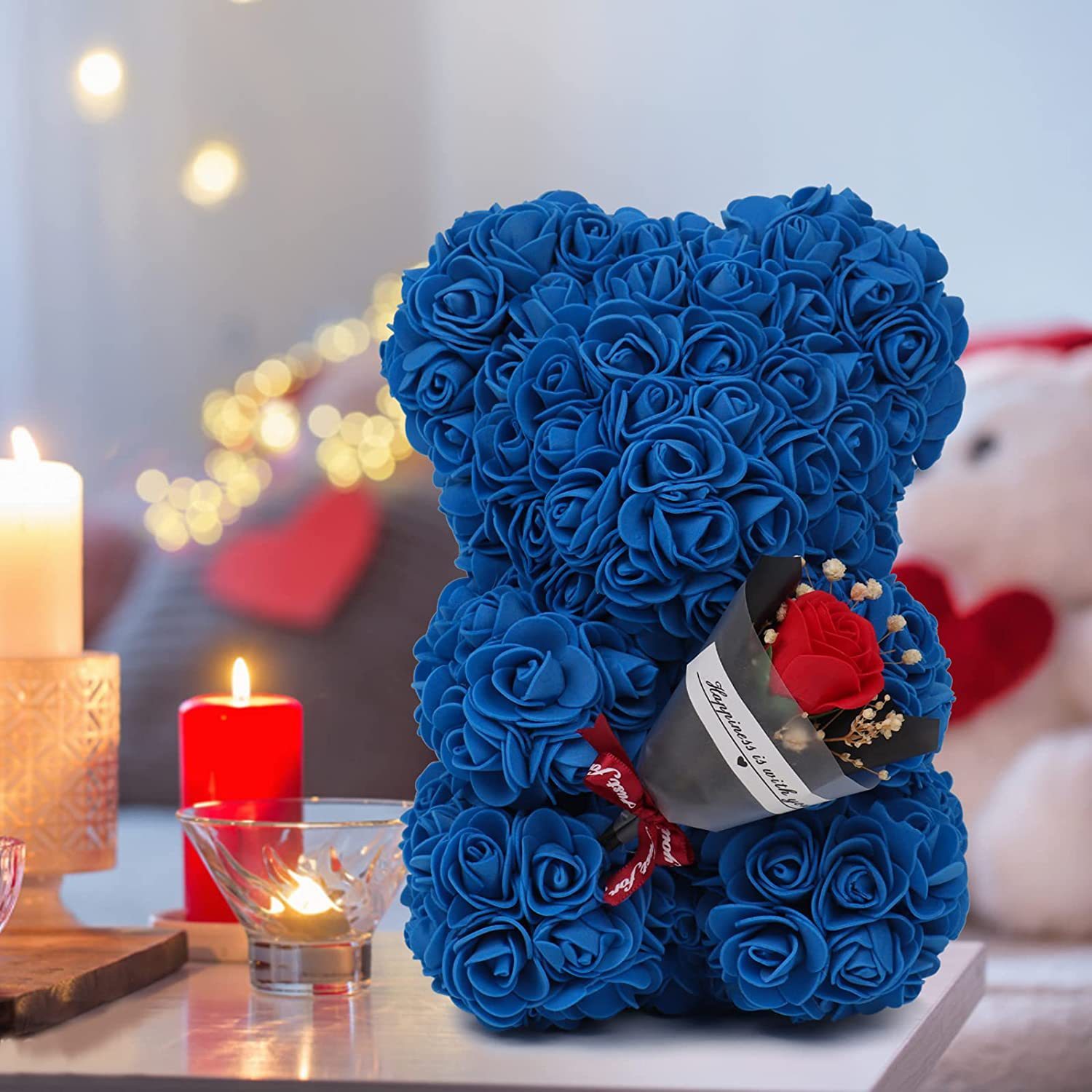 "Rose Flower Teddy Bear – A beautifully crafted teddy bear made from artificial roses, available in various elegant gift box colors. A perfect romantic gift for Valentine's Day, anniversaries, birthdays, weddings, and special occasions."