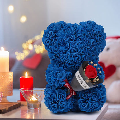 "Rose Flower Teddy Bear – A beautifully crafted teddy bear made from artificial roses, available in various elegant gift box colors. A perfect romantic gift for Valentine's Day, anniversaries, birthdays, weddings, and special occasions."