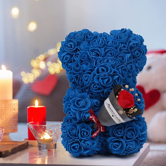 "Rose Flower Teddy Bear – A beautifully crafted teddy bear made from artificial roses, available in various elegant gift box colors. A perfect romantic gift for Valentine's Day, anniversaries, birthdays, weddings, and special occasions."