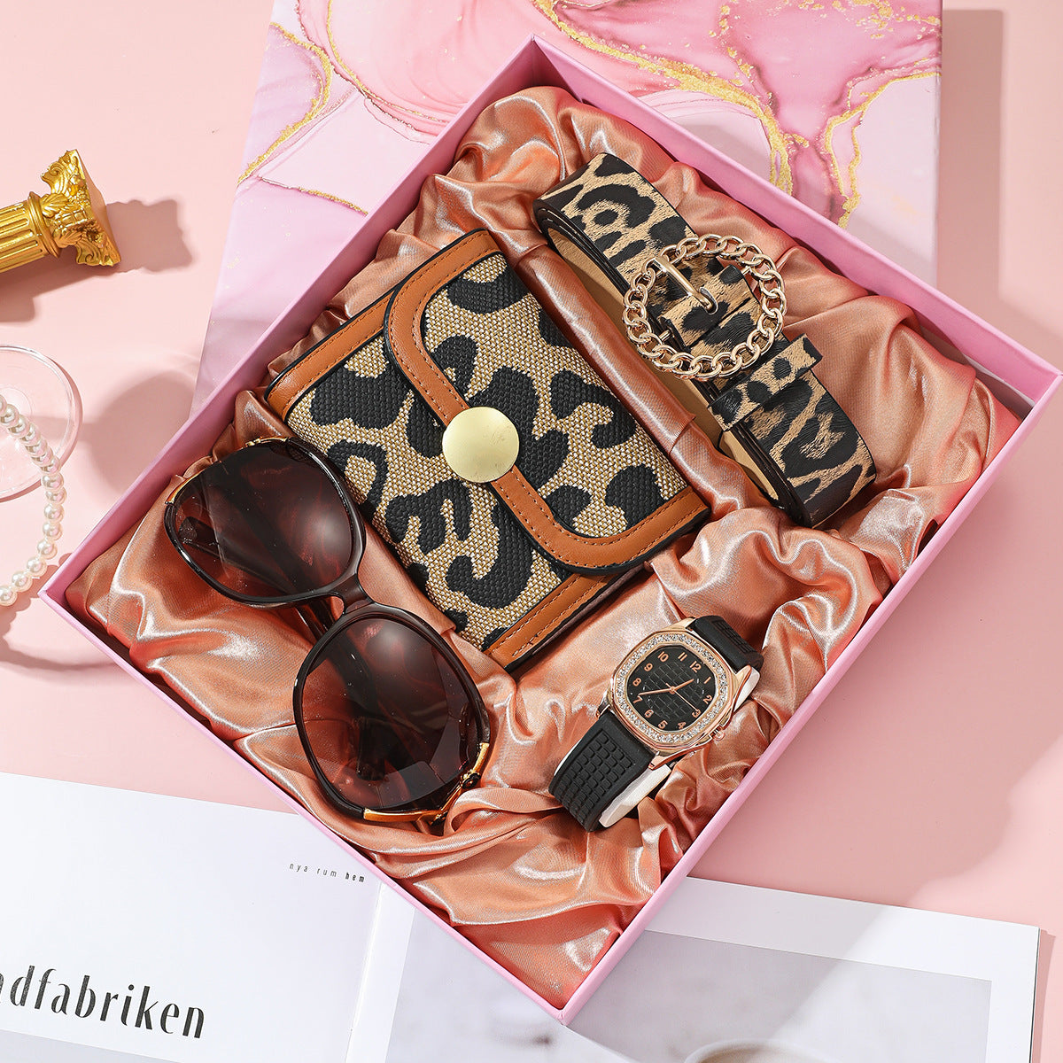 Women's elegant jewelry set including a quartz movement watch with a 35mm dial, leather belt, glasses, wallet, and packaging box, available in diamond, square, or round watch packages.