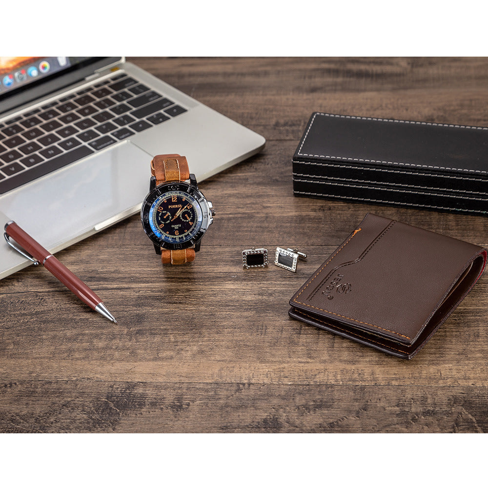 Men's casual watch set with a PU strap, quartz movement, and a stylish alloy case. Featuring a 40mm dial, waterproof up to 10m, and an elegant pin buckle clasp.