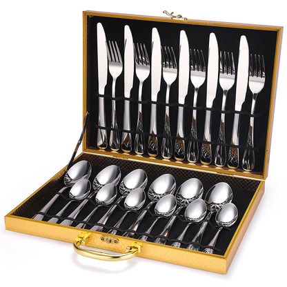 A 24-piece stainless steel cutlery set, made from durable 18/10 stainless steel, eco-friendly, BPA-free, and dishwasher safe. Includes forks, knives, spoons, and teaspoons.