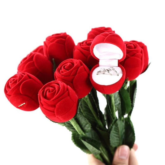 "Red Rose Flower Ring Gift Box – An elegant jewelry box featuring a romantic red rose design, perfect for showcasing rings, cuff links, earrings, and other small jewelry. Ideal for special occasions and thoughtful gifting."
