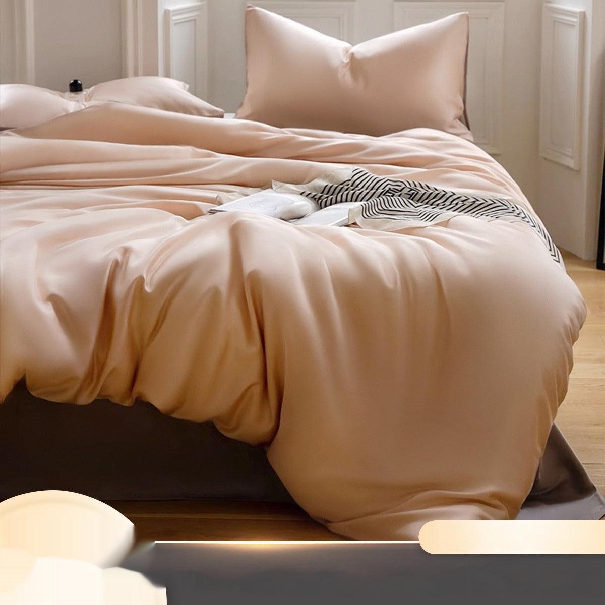Luxuriously soft Four-Piece Ice Silk Bed Sheets made from breathable Lyocell fiber (Tencel). Features a modern minimalist design, reactive dyeing for long-lasting color, and a silky-smooth texture for year-round comfort. Available in multiple sizes.