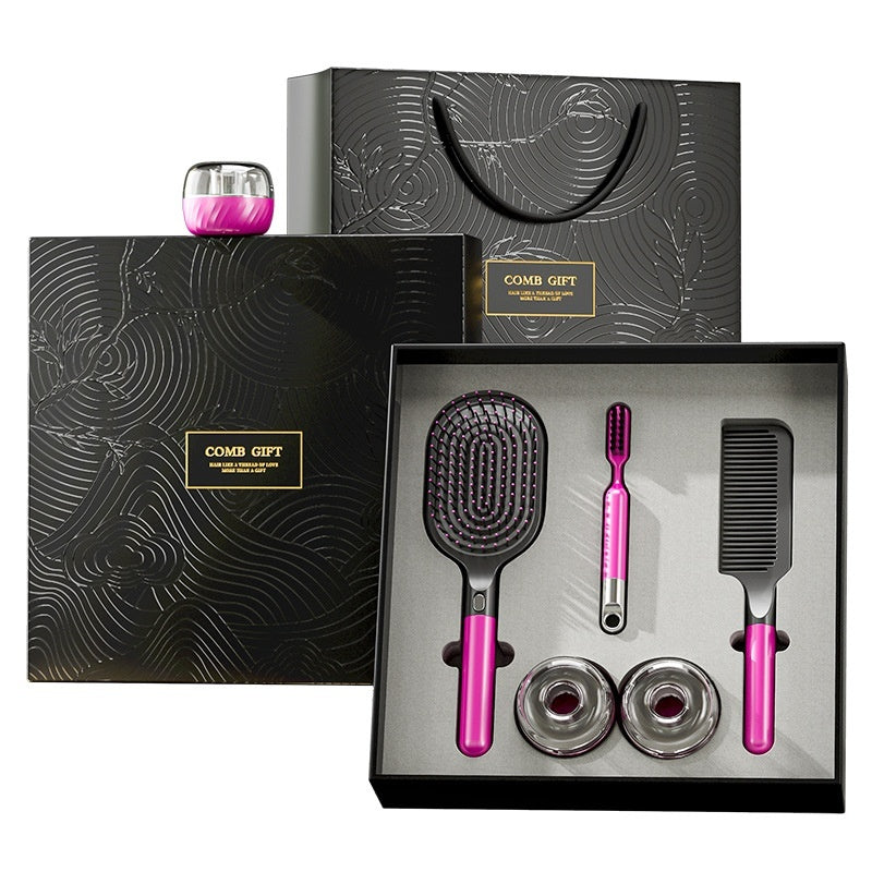 5-piece hair care gift set featuring an airbag comb, straight comb, storage racks, cleaning brush, and an elegant gift box with a gift bag. Ideal for hair styling and organization.
