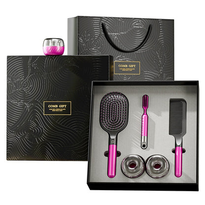 5-piece hair care gift set featuring an airbag comb, straight comb, storage racks, cleaning brush, and an elegant gift box with a gift bag. Ideal for hair styling and organization.