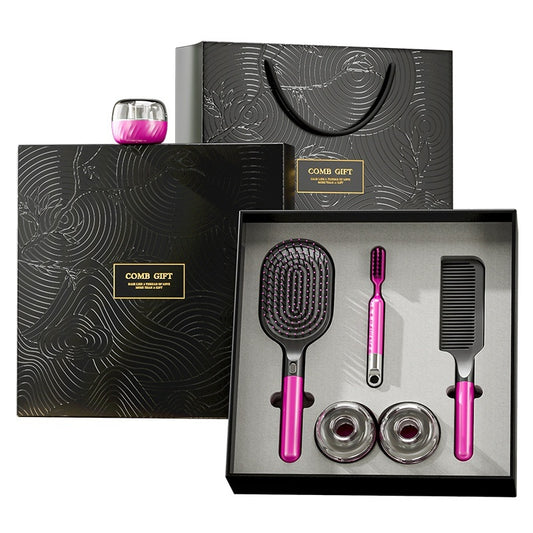 5-piece hair care gift set featuring an airbag comb, straight comb, storage racks, cleaning brush, and an elegant gift box with a gift bag. Ideal for hair styling and organization.