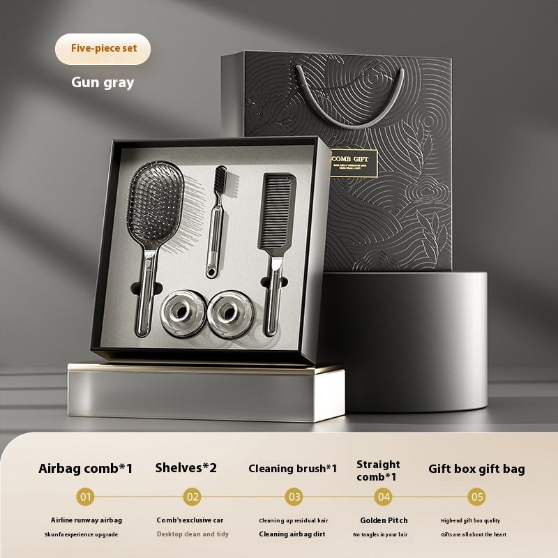 5-piece hair care gift set featuring an airbag comb, straight comb, storage racks, cleaning brush, and an elegant gift box with a gift bag. Ideal for hair styling and organization.