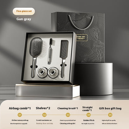 5-piece hair care gift set featuring an airbag comb, straight comb, storage racks, cleaning brush, and an elegant gift box with a gift bag. Ideal for hair styling and organization.
