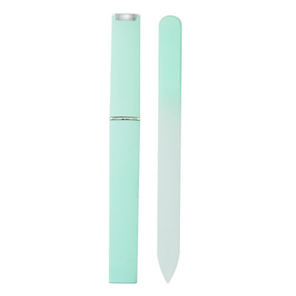 Nail file polishing manicure set made of plastic and nano glass, available in six colors (Pink, Blue, Cyan, Yellow, Purple, Green). Compact size (14 * 1.2 cm) with a thickness of 0.3mm, packaged in a convenient storage box for easy use and organization.