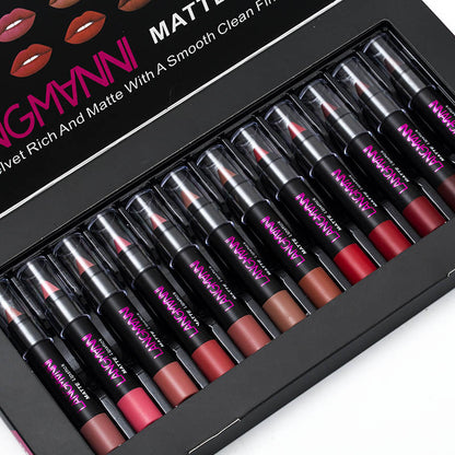 Matte velvet lipstick set with 12 shades (3.5g each), offering long-lasting color, moisturizing properties, and a smooth, healthy finish for lips.