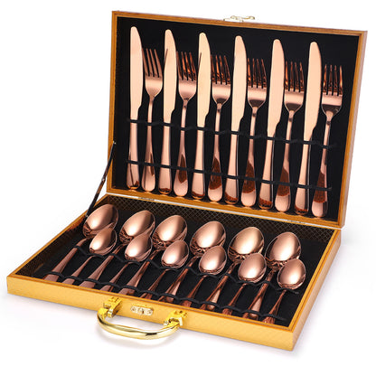 A 24-piece stainless steel cutlery set, made from durable 18/10 stainless steel, eco-friendly, BPA-free, and dishwasher safe. Includes forks, knives, spoons, and teaspoons.