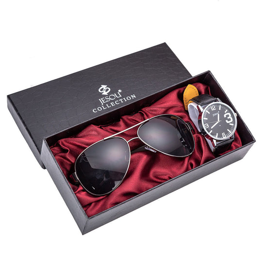 Watch and sunglasses creative combination set featuring a quartz movement watch with a 40mm round dial, imitation leather strap, and stainless steel pin buckle, paired with stylish sunglasses for a business-ready look