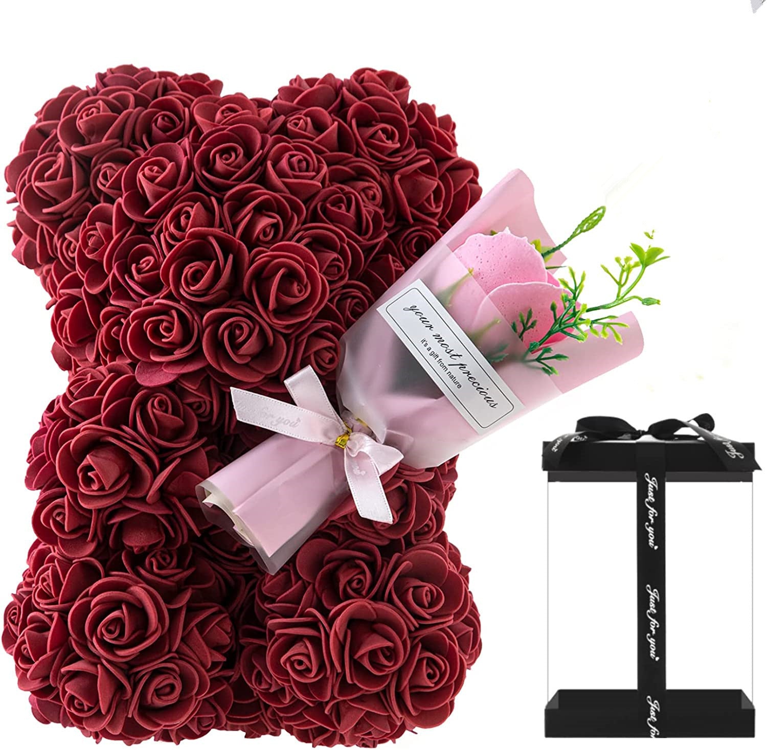 "Rose Flower Teddy Bear – A beautifully crafted teddy bear made from artificial roses, available in various elegant gift box colors. A perfect romantic gift for Valentine's Day, anniversaries, birthdays, weddings, and special occasions."