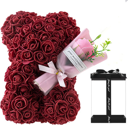 "Rose Flower Teddy Bear – A beautifully crafted teddy bear made from artificial roses, available in various elegant gift box colors. A perfect romantic gift for Valentine's Day, anniversaries, birthdays, weddings, and special occasions."