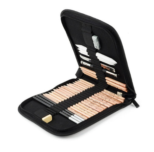 A 29-piece professional sketch and drawing tool kit with graphite pencils, charcoal pencils, an erasable pen, and a craft knife, available in multiple styles for both beginners and professionals.