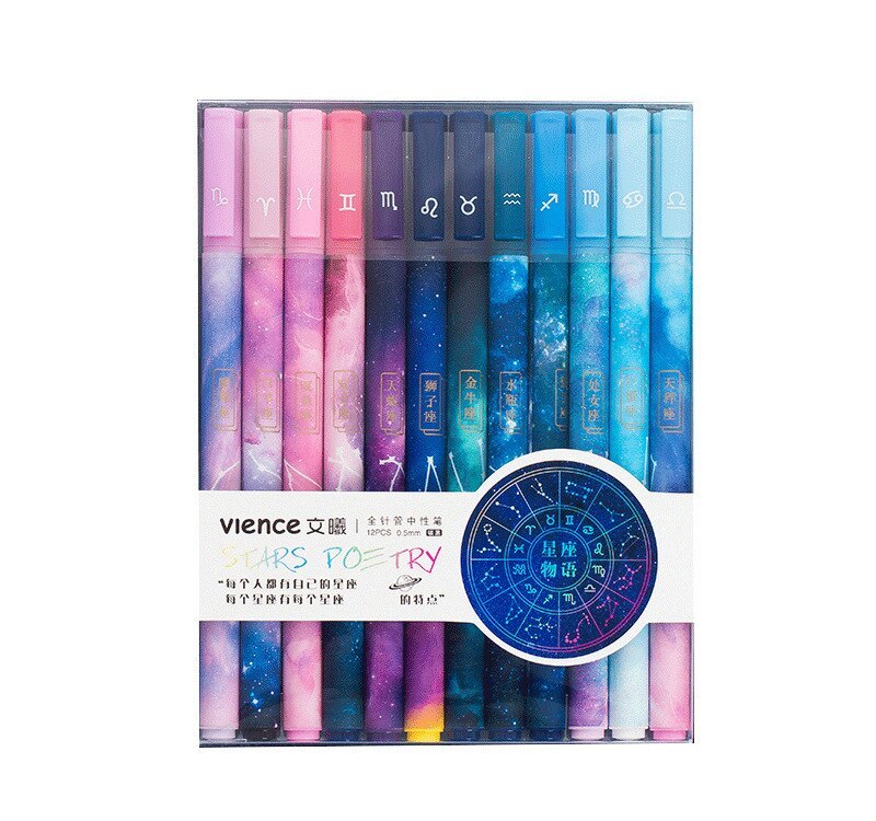 Twelve constellation gel pen set featuring 12 pens with unique zodiac designs, made of plastic and packaged in a plastic outer box, perfect for writing and gifting.