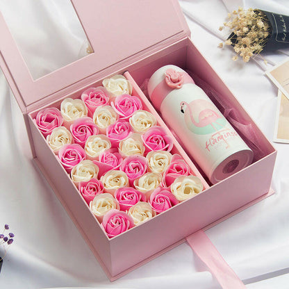 Handmade soap flower rose gift box in elegant packaging, available in various sets including thermos cups, wishing rabbit, and Little Fairy notebooks in different colors.