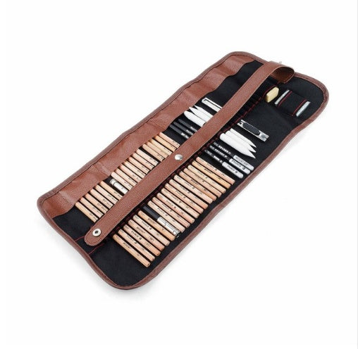 A 29-piece professional sketch and drawing tool kit with graphite pencils, charcoal pencils, an erasable pen, and a craft knife, available in multiple styles for both beginners and professionals.