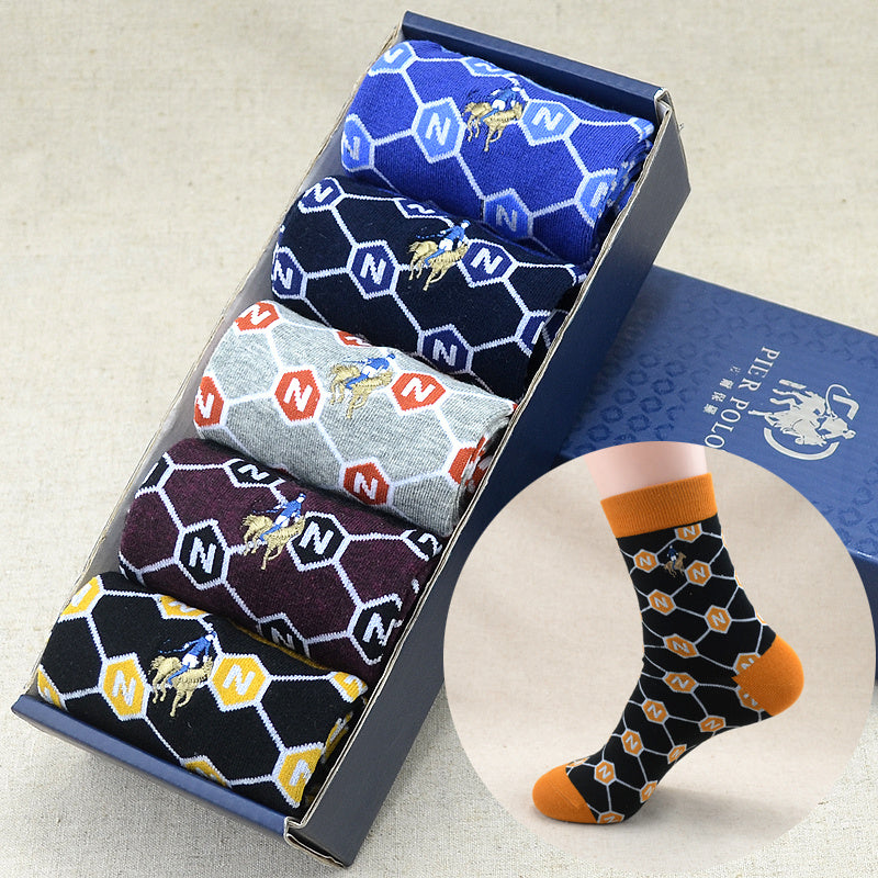 **Men’s High Cotton Socks Set – Moisture-Wicking & Stylish**  

A premium **set of 5 mid-tube cotton socks** designed for comfort and durability. Made from **high-quality cotton** with **moisture-wicking properties**, these socks keep your feet fresh and dry all day. Featuring a **rhombus pattern** and available in various stylish designs, they provide a snug, one-size-fits-most fit. Perfect for everyday wear, work, or outdoor activities.
