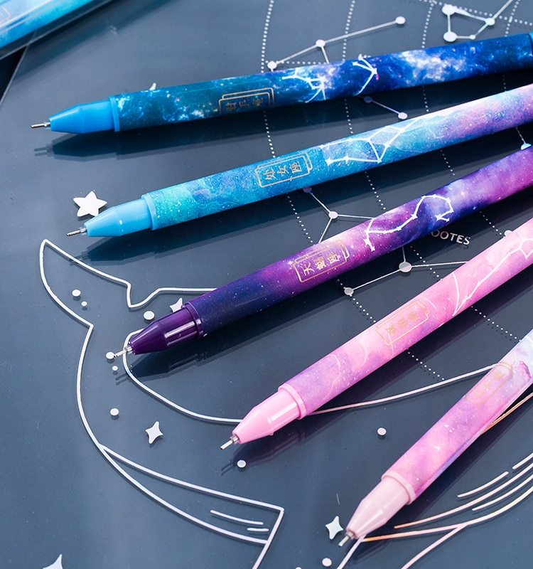 Twelve constellation gel pen set featuring 12 pens with unique zodiac designs, made of plastic and packaged in a plastic outer box, perfect for writing and gifting.