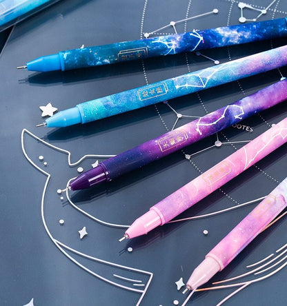 Twelve constellation gel pen set featuring 12 pens with unique zodiac designs, made of plastic and packaged in a plastic outer box, perfect for writing and gifting.
