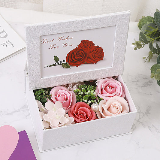 **Rose Flower Box – A handmade bouquet of soap roses in an elegant photo box, available in pink, red, blue, orange, and purple. Perfect for gifting on special occasions.**