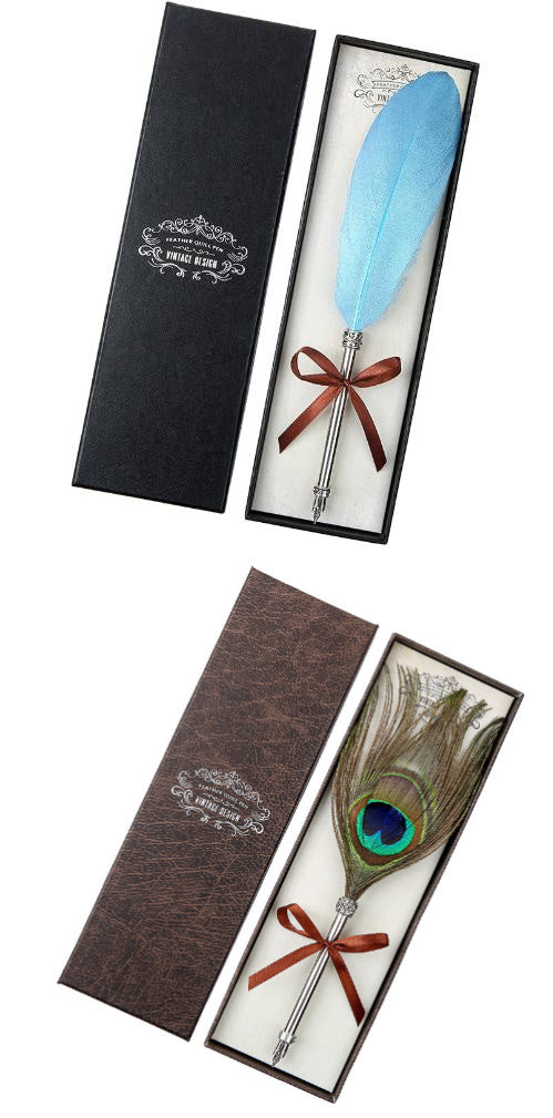 **Elegant Retro Feather Pen Gift Set – Vintage Writing Experience**  

A beautifully crafted **stainless steel feather pen** set in a stylish **gift box**, perfect for writers, calligraphy enthusiasts, and collectors. Timeless design meets smooth writing for an unforgettable experience. Ideal for gifting on any occasion! 🎁✒️