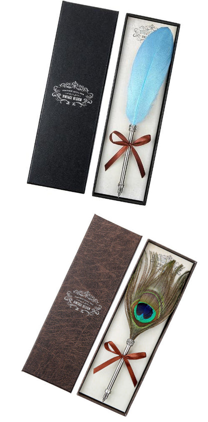 **Elegant Retro Feather Pen Gift Set – Vintage Writing Experience**  

A beautifully crafted **stainless steel feather pen** set in a stylish **gift box**, perfect for writers, calligraphy enthusiasts, and collectors. Timeless design meets smooth writing for an unforgettable experience. Ideal for gifting on any occasion! 🎁✒️