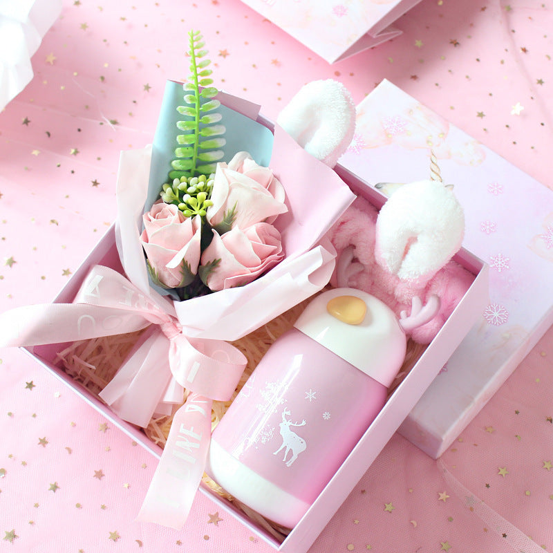 Birthday Cute Gift Set featuring coral fleece towels, matching hair bands, and optional glass cups, umbrellas, or eye masks in various stylish combinations.