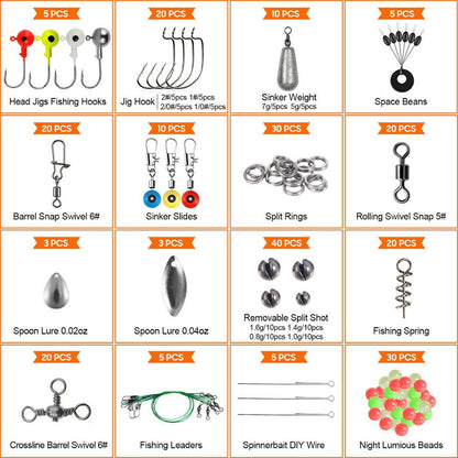 A comprehensive 246-piece sea fishing tackle set including hooks, lead sinkers, luminous beads, and other accessories, neatly organized in a durable box for all your fishing needs.